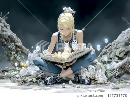 貓頭鷹仙女給小貓頭鷹讀書的插畫素材 125735778