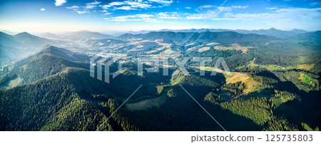 Panoramic aerial view of vast landscape featuring rolling hills, dense forests, and scattered rural settlements under clear blue sky with clouds. Dramatic, picturesque scene. Panoramic aerial view of vast landscape featuring rolling hills, dense forests, and scattered rural settlements under clear blue sky with clouds. Dramatic, picturesque scene. 125735803