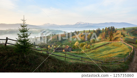 Peaceful rural landscape at dawn, with small evergreen tree in foreground, wooden fences, rolling green hills. Mist blankets valley, while snow-capped mountains loom in distance under pastel sky. 125735860