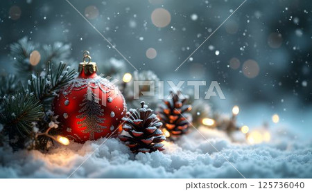 Winter Glow: Snowy Ornament with Pine Cones and Lights 125736040