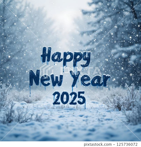 Happy New Year 2025 in Snowy Landscape with Snowfall 125736072