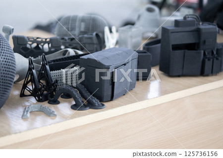Plastic model printed on 3D printer from powder close-up. Objects created on 3D printer from polyamide powder. New 3D printing technology. Modern additive progressive 3D printing technologies. MJF 125736156