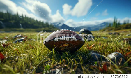 A leather ball for playing American football lies on the playing field 125736262