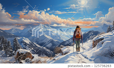 Woman tourist with a backpack on a hike in the snowy mountains, view from the back 125736263