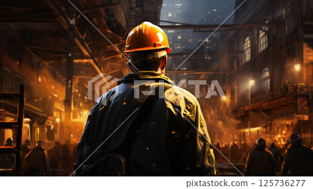 Oil refinery engineer, oil industry worker stands in front of a large chemical plant 125736277