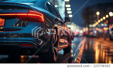 Side view of a car in a big city at sunset 125736302