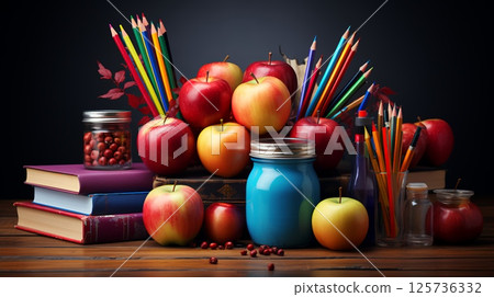 Books textbooks notebooks pencils and pens with apples for studying and learning on the surface of the school table 125736332
