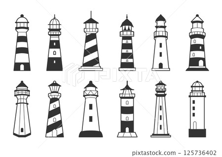 Black and white lighthouses with unique designs. Maritime navigation, safety, and nautical symbolism 125736402