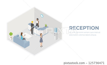 Customer at reception. Reception service business office concept in flat style. Isometric Vector illustration 125736471