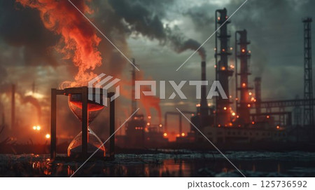 A glass hourglass filled with sand stands against a smoky industrial landscape, symbolizing the urgent countdown to action against environmental destruction and climate change 125736592