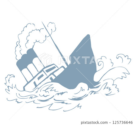 Shipwreck in the waves. Vector drawing 125736646