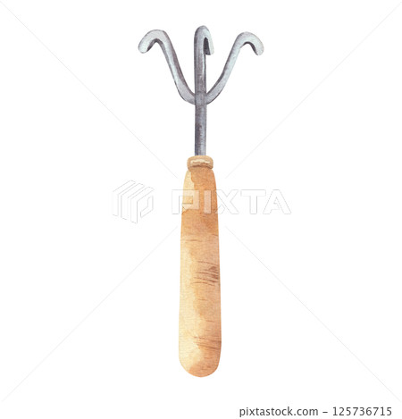 Garden rake with wooden handle. Hand painted with watercolors. Gardening tools, isolated on a white background. For design, layouts. 125736715