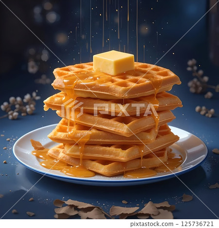 Stack of Buttery Waffles Drizzled with Syrup 125736721