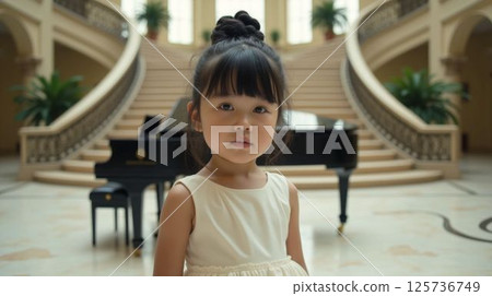 Portrait of a Little Girl in White Dress with Black Piano 125736749
