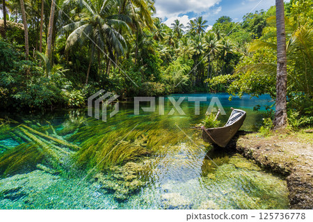 Transparent lake with blue water and old boat  in rain forest on sunny day. 125736778