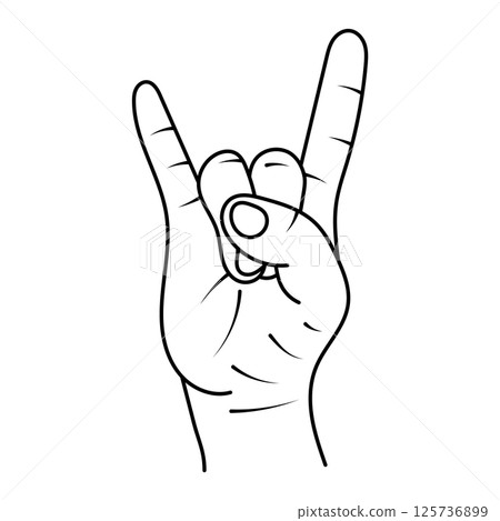 Rock Hand Gesture Outline Vector Illustration. This black and white vector illustration features a stylized human hand making the iconic rock on or devil horns gesture. Rock Hand Gesture Outline Vector Illustration. This black and white vector illustration features a stylized human hand making the iconic rock on or devil horns gesture. 125736899