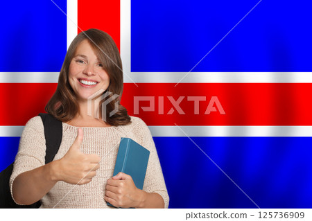 Portrait of woman student against Icelandic flag background. Travel, education and learn language Portrait of woman student against Icelandic flag background. Travel, education and learn language 125736909