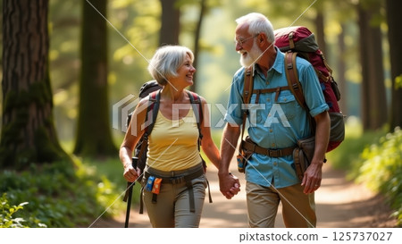 elderly couple hiking in a forest 125737027
