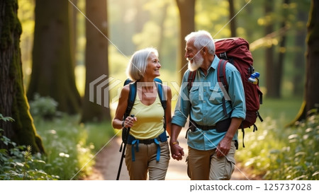 elderly couple hiking in a forest 125737028