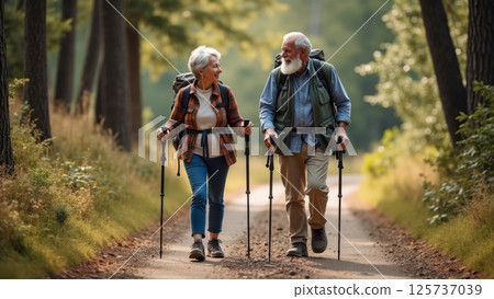 elderly couple hiking in a forest 125737039