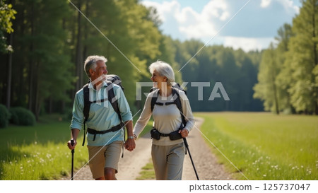 elderly couple hiking in a forest 125737047
