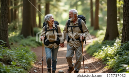elderly couple hiking in a forest elderly couple hiking in a forest 125737082