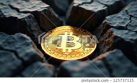 a golden Bitcoin coin partially buried among rugged rock 125737115