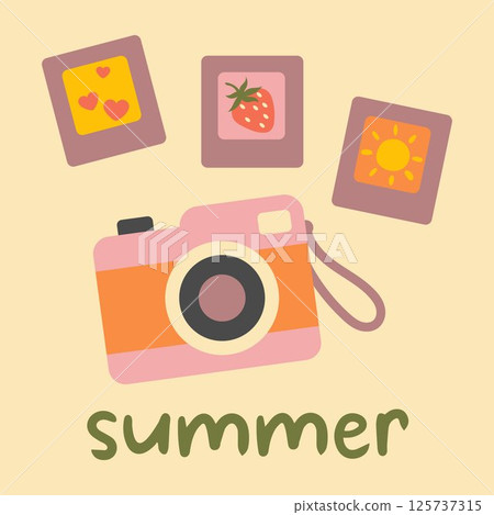 Summer photo memories flat illustration. Cute camera with colorful photos of heart, strawberry, and sun. Creative summer vacation image for travel, holiday, blog, postcard or print design. 125737315