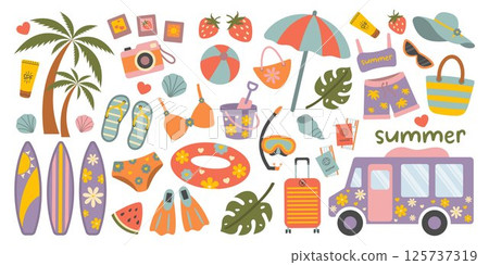 Summer set. Colorful Summer Beach Elements Collection. Flat Clipart with Vacation Icons: Surfboards, Palm Trees, Swimwear, Fruits, Accessories, and Travel Items for Holiday Design and Decoration. Summer set. Colorful Summer Beach Elements Collection. Flat Clipart with Vacation Icons: Surfboards, Palm Trees, Swimwear, Fruits, Accessories, and Travel Items for Holiday Design and Decoration. 125737319