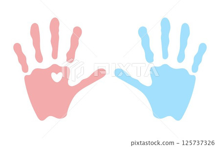Baby Handprints. Pink and Blue Baby Handprints with Heart Shape. Cute Symbol of Love, Childhood, Care, Family and Newborn Concept. Pastel Kids Hands Art for Nursery, Baby Shower, Greeting Cards Baby Handprints. Pink and Blue Baby Handprints with Heart Shape. Cute Symbol of Love, Childhood, Care, Family and Newborn Concept. Pastel Kids Hands Art for Nursery, Baby Shower, Greeting Cards 125737326