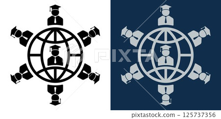 Global online education network. Virtual graduation concept. Students connected globally through digital network. Graduation cap icons around globe. Distance learning, e-learning, virtual classes Global online education network. Virtual graduation concept. Students connected globally through digital network. Graduation cap icons around globe. Distance learning, e-learning, virtual classes 125737356