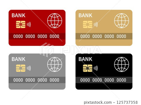 Colorful credit cards set. Red, gold, gray, and black plastic bank cards with chip and contactless symbol. Vector illustration for finance, shopping, payment, banking, and money. Colorful credit cards set. Red, gold, gray, and black plastic bank cards with chip and contactless symbol. Vector illustration for finance, shopping, payment, banking, and money. 125737358