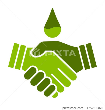 Eco handshake icon with water drop. Symbol of green partnership, environmental collaboration, sustainable cooperation, organic teamwork, and ecological responsibility in business. 125737360