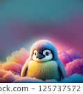 Fluffy baby penguin with vibrant plush fur in pastel and vivid hues charm big eyes. 125737572