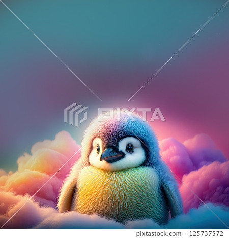 Fluffy baby penguin with vibrant plush fur in pastel and vivid hues charm big eyes. 125737572