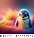 Fluffy baby penguin with vibrant plush fur in pastel and vivid hues charm big eyes. 125737573