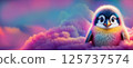 Adorable fluffy baby penguin with colorful plush fur in a dreamy cloudscape. 125737574