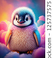 Adorable fluffy baby penguin with colorful plush fur in a dreamy cloudscape. 125737575