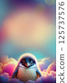 Adorable fluffy baby penguin with colorful plush fur in a dreamy cloudscape. 125737576
