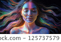 Hyper realistic multicolored beauty girl meditates on black background. 125737579