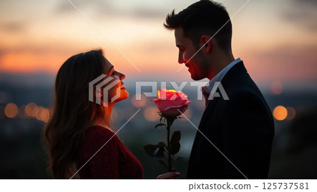 A couple in love at sunset. Two people standing face to face, smiling. Between them is a beautiful rose. AI generated. 125737581