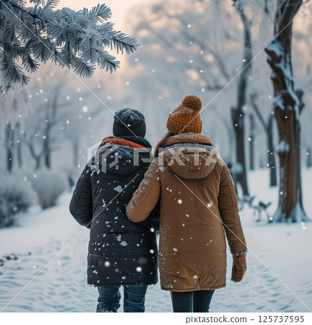 A couple walks in a snowy park A couple walks in a snowy park 125737595