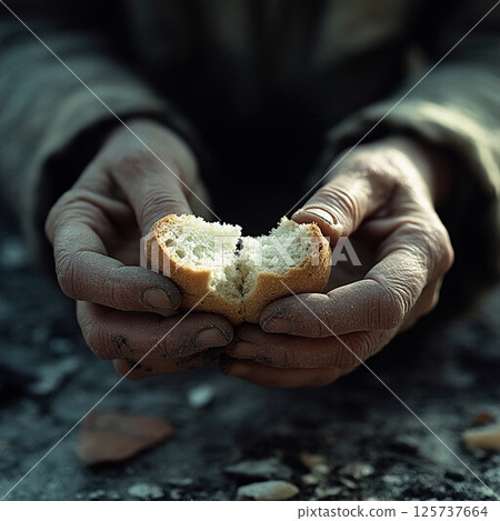 old man's hands breaking bread 125737664
