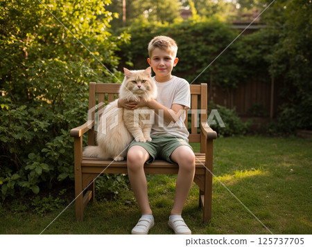 A boy with a cat in his arms 125737705