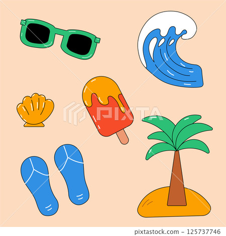 Summer elements with palm, wave, sunglasses and shell 125737746