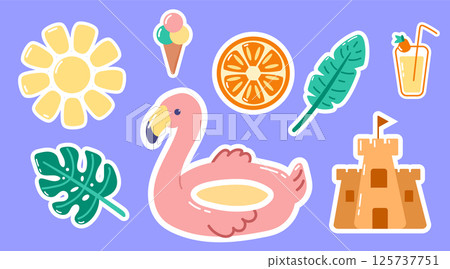 Set of summer stickers on violet background 125737751