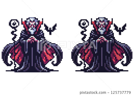 A dark, pixelated figure stands with a staff, wearing a flowing robe adorned with red accents. A raven is nearby, creating an eerie atmosphere. The character is captivating and ominous 125737779