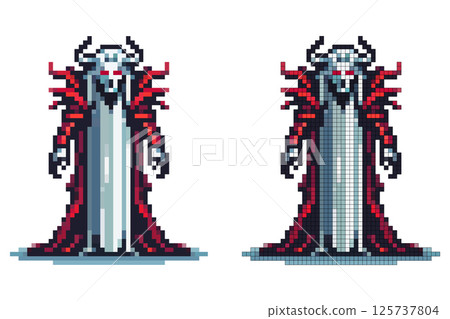 A pixelated character with a skull-like face and red eyes stands confidently in a flowing dark cape. The character exudes a menacing presence, surrounded by an aura of mystery 125737804