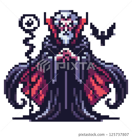 A dark, pixelated figure stands with a staff, wearing a flowing robe adorned with red accents. A raven is nearby, creating an eerie atmosphere. The character is captivating and ominous 125737807