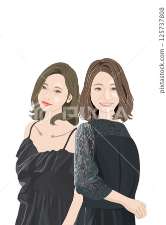 正式時裝,兩個微笑的女人,插圖 正式時裝,兩個微笑的女人,插圖 125737808